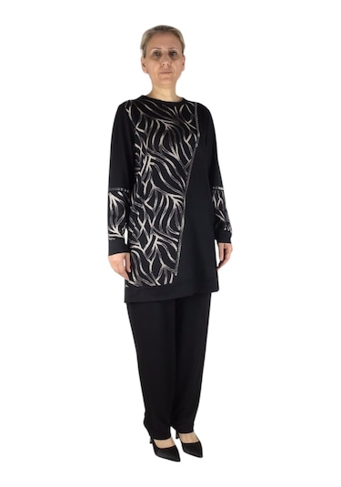 Kadın Bluz Önü Desenli Taşlı Pantolon Lastikli İkili Takım Siyah