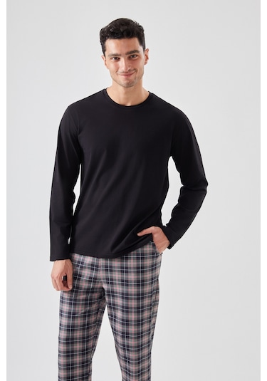 Erkek Pamuklu Uzun Kollu Yamalı Ekose Desenli Pijama Takımı Ko60104 Siyah - Kırmızı