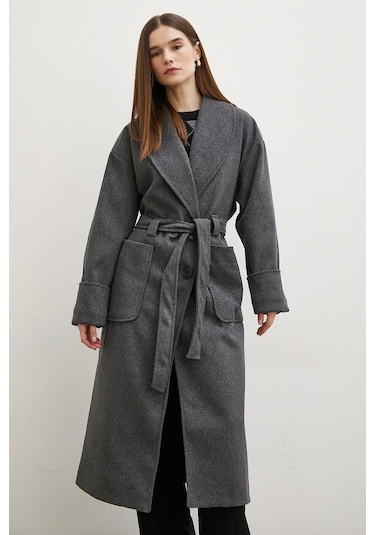 Kuşaklı Şal Yaka Kaban Antrasit