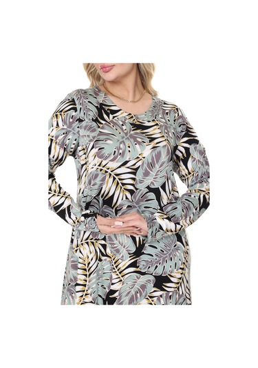 Melsay Butik Yeşil Beyaz Tropik Desen Uzun Kollu Kadın Tesettür Elbise Yeşil