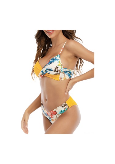 Mufunye Kadın İki Parça Bikini Mayo, Baskılı Desen, Ayarlanabilir Askı, Dolgulu Sütyen, Sarı, Asya Numara Xl 8830 Sarı