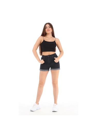 Cedy Denim Kadın Yüksek Bel Duble Paça Kot Şort Klasik Mini Jean Şort C604 Antrasit