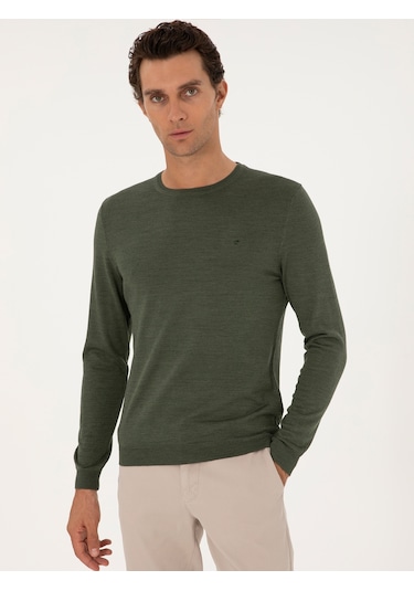 Cacharel Haki Slim Fit Yün Karışımlı Bisiklet Yaka Basic Triko Kazak Yesıl