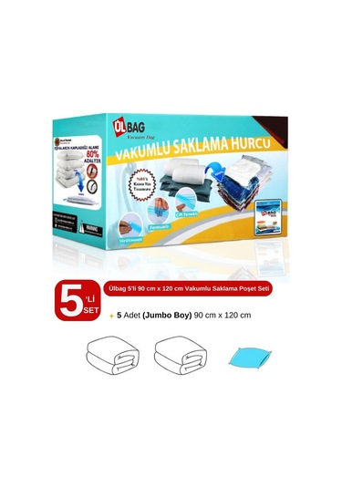 5'li Vakumlu Saklama Poşet Seti 90 Cm X 120 Cm Jumbo Boy Yastık, Çift Kişilik Yorgan Vakumlu Hurç Şeffaf