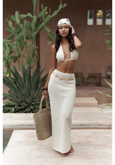 Mai Collection Mai Studios Co. Pangestu Üçgen Bej Crop Etek Triko Takım Bej