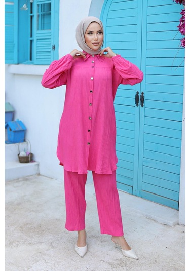 Büzgü Detaylı Tesettür Fuşya Takım Fuşya