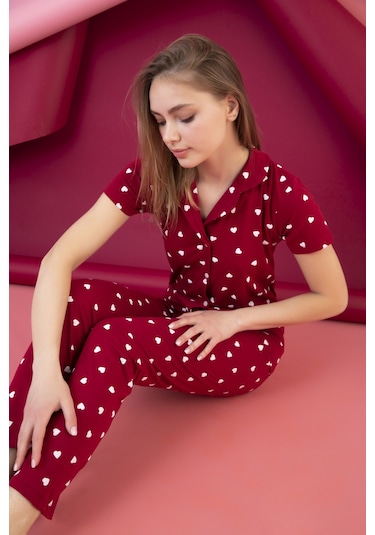 Kadın Düğmeli Desenli Pijama Takımı Bordo 1974 Waynap Bordo