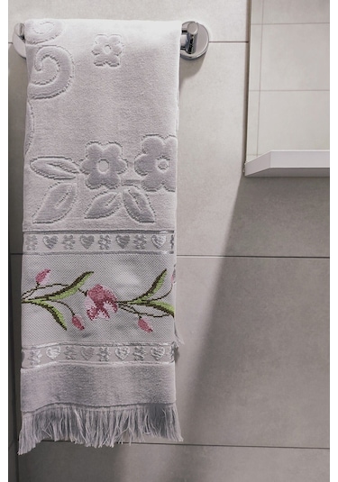 Gül Nakışlı Jakarlı Kadife El Yüz Havlusu - 50x90 Cm-gri Grı Gri