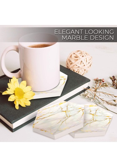 Geeroyoo 8 Parça Mermer Desenli Seramik Bardak Altlığı Seti Süper Emici, Sıcak Ve Soğuk İçecekler İçin Mantar Tabanlı Şık Tel Stand Dahil Beyaz/altın