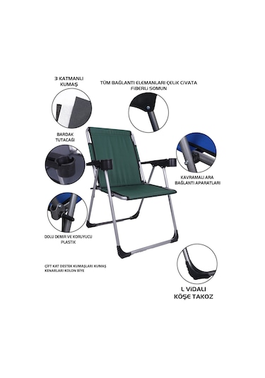 Alin Metal 3''lü Lüks Bardaklı Kamp Sandalyesi Ve Masa Set Yeşil Yeşil