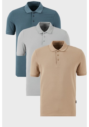 Buratti Pamuklu Regular Fit Düğmeli Polo Yaka 3'Lü Paket Erkek T Shirt 5902127S3 Kül-Petrol-Vizon
