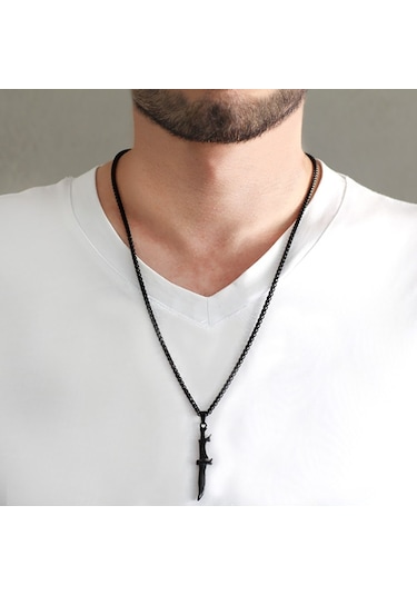 Kama Tasarım Siyah Renk Çelik Erkek Kolye (504723364) Metalik