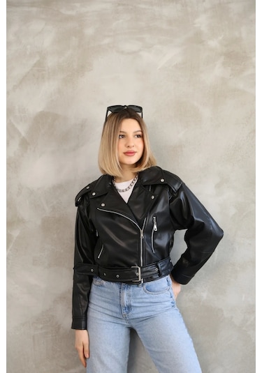 Genculus Kemerli Crop Deri Oversize Kadın Yeni Sezon Ceket Siyah