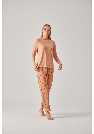 Pamuk 24014 Kadın Baskılı Tişört Puantiye Pantolonlu Pijama Takımı 001