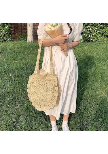 Koyu Kahverengi Kadınlar İçin Hasır Örgü Plaj Çantası El Yapımı Bohem Tarzı Omuz Çantaları Koyu Kahverengi