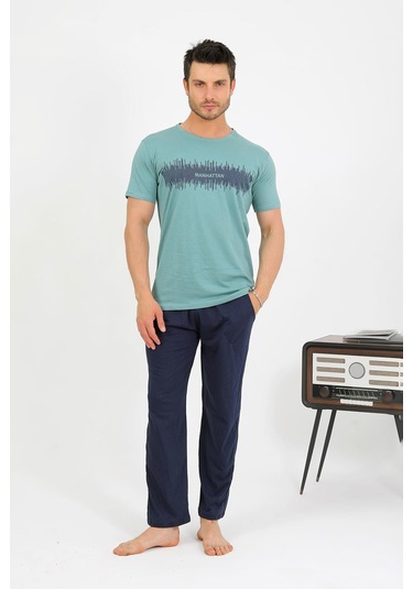 Akbeniz Erkek Pamuk Kısa Kol Pijama Takım Suyeşili 6875 Su Yeşili