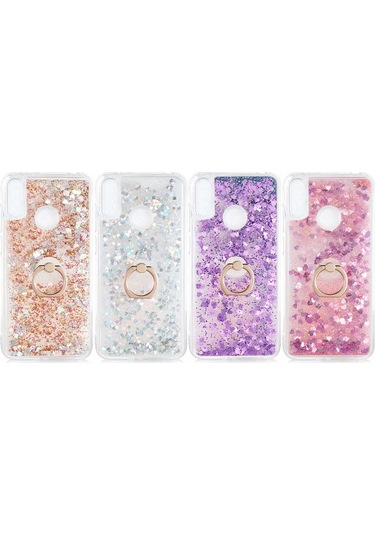 Noktaks - Huawei Uyumlu Huawei Y7 Prime 2019 / Y7 2019 - Kılıf Yüzüklü Simli Sıvılı Milce Kapak - Pembe