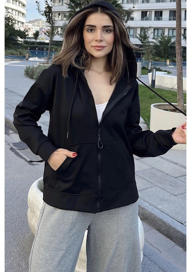 WeShaya Kadın Siyah Kapüşonlu, Fermuarlı, Cepli, Regular Kesim Sweatshirt Siyah