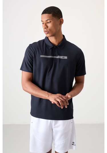 Lacivert Nefes Alan Dokulu İnce Esnek Standart Fit Polo Yaka Erkek Performans T-shirt - 88393 Lacivert