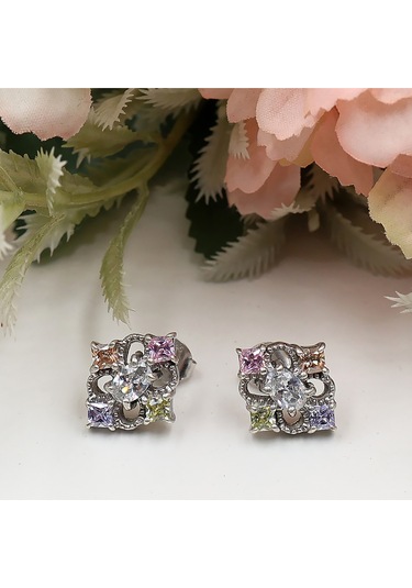 Dört Tırnaklı Dikdörtgen Renkli Taşlı Set Rose Gold - Gümüş