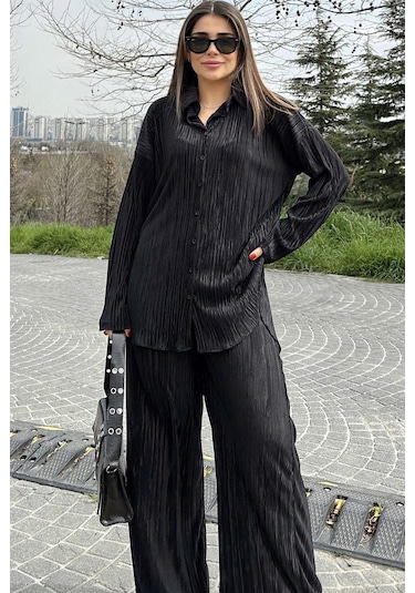 Kadın Siyah Uzun Tunik Gömlek & Beli Lastikli, Bol Paça Pantolon - Salaş Bürümcük Takım Siyah