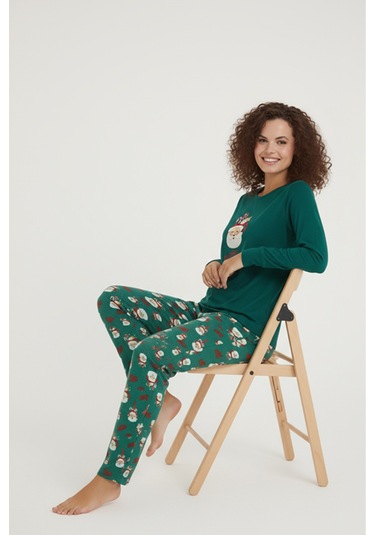 Luxury Thermal Noel Baba Desenli Kadın Polar Kışlık Pijama Takımı 42060 Yeşil