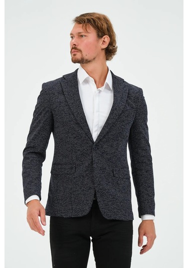 Bonesti Erkek Slim Fit Blazer Ceket Lacivert Desenli