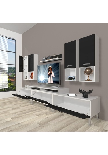 Decoraktiv Ekoflex 8da Slm Krom Ayaklı Tv Ünitesi Tv Sehpası Beyaz - Siyah
