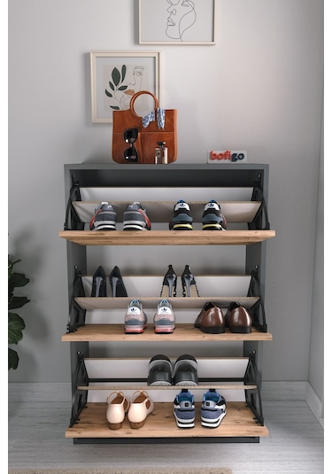 Bofigo Düşer Kapak Ayakkabılık Kayar Raflı Ayakkabılık 3 Bölmeli Ayakkabılık Melek Antrasit-Çam