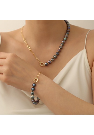 925 Ayar Gümüş Siyah İnci Set-9.00mm