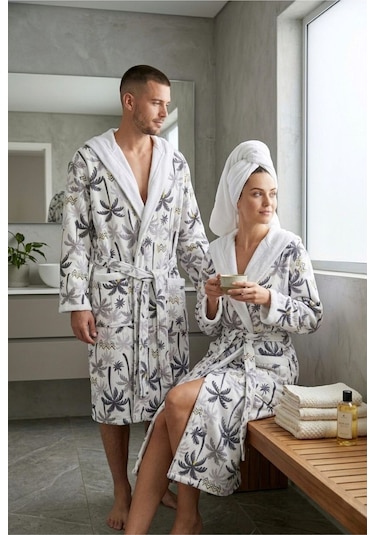 Tropical Breeze Pamuklu Desenli Kapüşonlu Bornoz Gri Palmiye