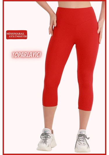 Kadın Kapri Tayt Kırmızı Diz Altı Yüksek Bel Toparlayıcı Dar Paça Karyoka Dikiş Detaylı Capri 1020 Kırmızı
