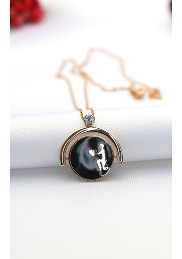 Çift Yönlü Siyah Gelin Damat Teklif Gümüş Kolye-Rose Gold
