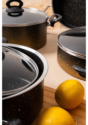 Çarşıdayız 7 Parça Eda Granit Siyah Siyah Tencere Seti Siyah