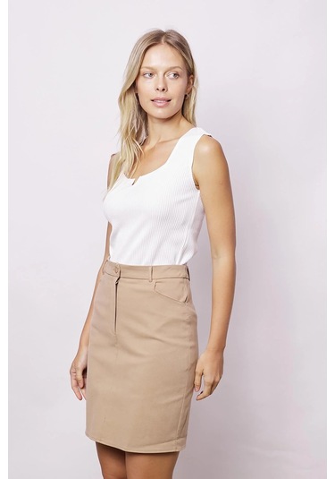 Kadın Cep Detaylı Diz Üstü Hafif Likralı Pamuklu Kumaş Kalem Etek-camel CAMEL