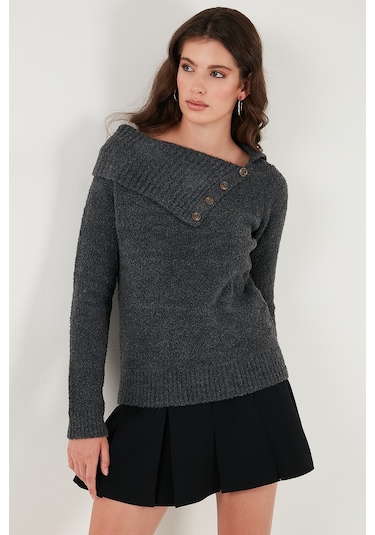 Lela Premium Regular Fit Kayık Yaka Düğme Detaylı Bayan Kazak 680Kz002563 Antrasit