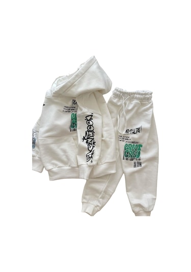 Unisex Çocuk Beyaz Renk Alt Üst Eşofman Takımı Graffiti Baskı Desen Beyaz