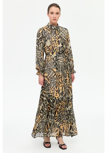 Leopar Desenli Empirime Elbise Kahve Kahve