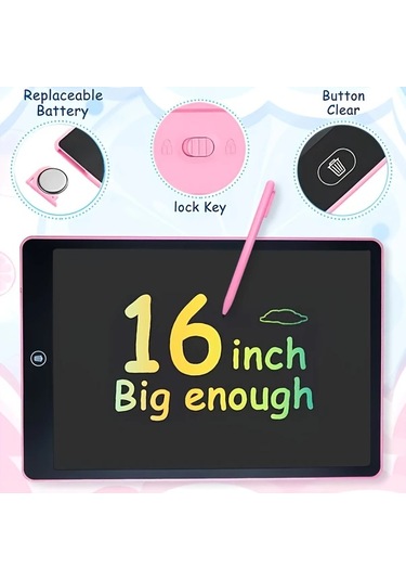 Userfriendly11 Kızlar Ve Erkekler İçin 16 İnç Lcd Yazı Tahtası Pembe Stilus Kalem Çizim Pad Eğitici Hediye