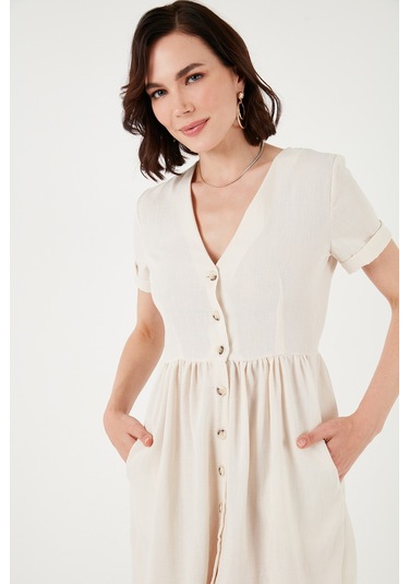 Lela Cepli Önü Düğmeli Kısa Kollu V Yaka Regular Fit Bayan Elbise 611El222 Taş Lela Cepli Önü Düğmeli Kısa Kollu V Yaka Regular Fit Bayan Elbise 611El222 Taş