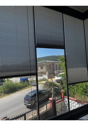 Plise Katlanır Cam Balkon Perdesi - Ofis Perdesi - Mutfak Perdesi - Salon Perdesi Gri Gri