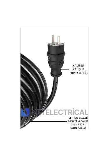 Kauçuk 3'lü 17 Metre Topraklı Grup Priz - 3x2.5 Ttr Tam Bakır Kalın Siyah Kablo 17 Metre