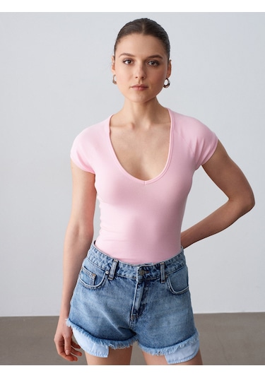 Dilvin 32894 V Yaka Fit T-shirt-toz Pembe