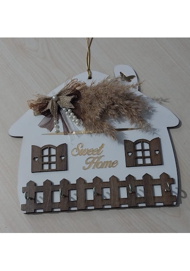 Sweet Home Yazılı Ahşap Anahtar Askılığı Duvar Askılı Anahtarlık Beyaz