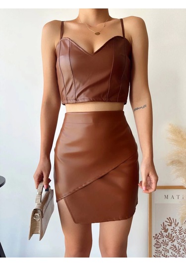 Kapaklı Asimetrik Model Deri Etek Kahve S240106 Kahve