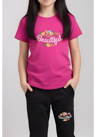 Beautiful Baskılı Kız Çocuk Tişört Ve Eşofman Alt-üst Takım Fuşya