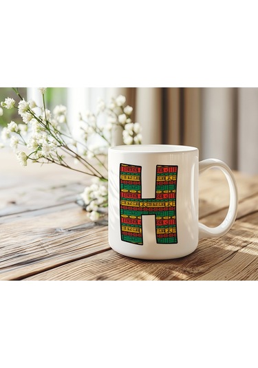 H Harfi Etnik Desenli Kupa - Afrika Tarzı Kahve Çay Kupası - Hediyelik - Black History Beyaz