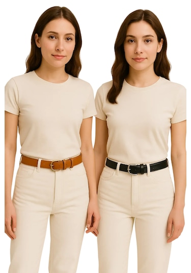 Kadın Kemer 2'li Set Deri Kot Ve Kumaş Çok Renkli