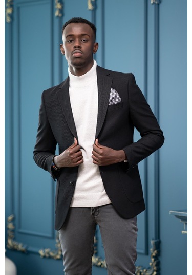 Apartro Regular Fit Mono Yaka Çift Yırtmaç Torba Cep Armürlü Tek Ceket Siyah