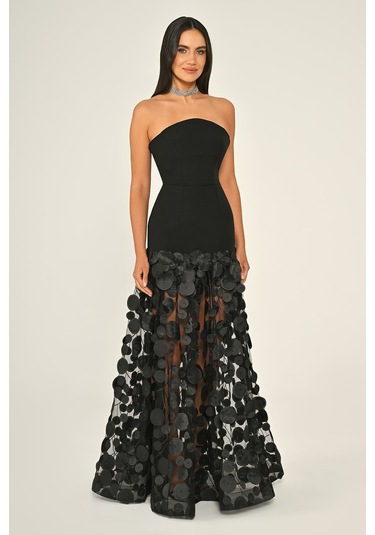 Krep Eteği 3 Boyutlu Tül Uzun Abiye Elbise Alfa Beta B7067 Siyah - Siyah